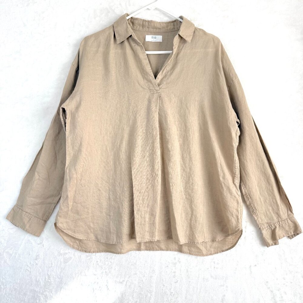 UNIQLO Linen Collared Popover Lagenlook Classic LS Tunic Top Womens L Tan